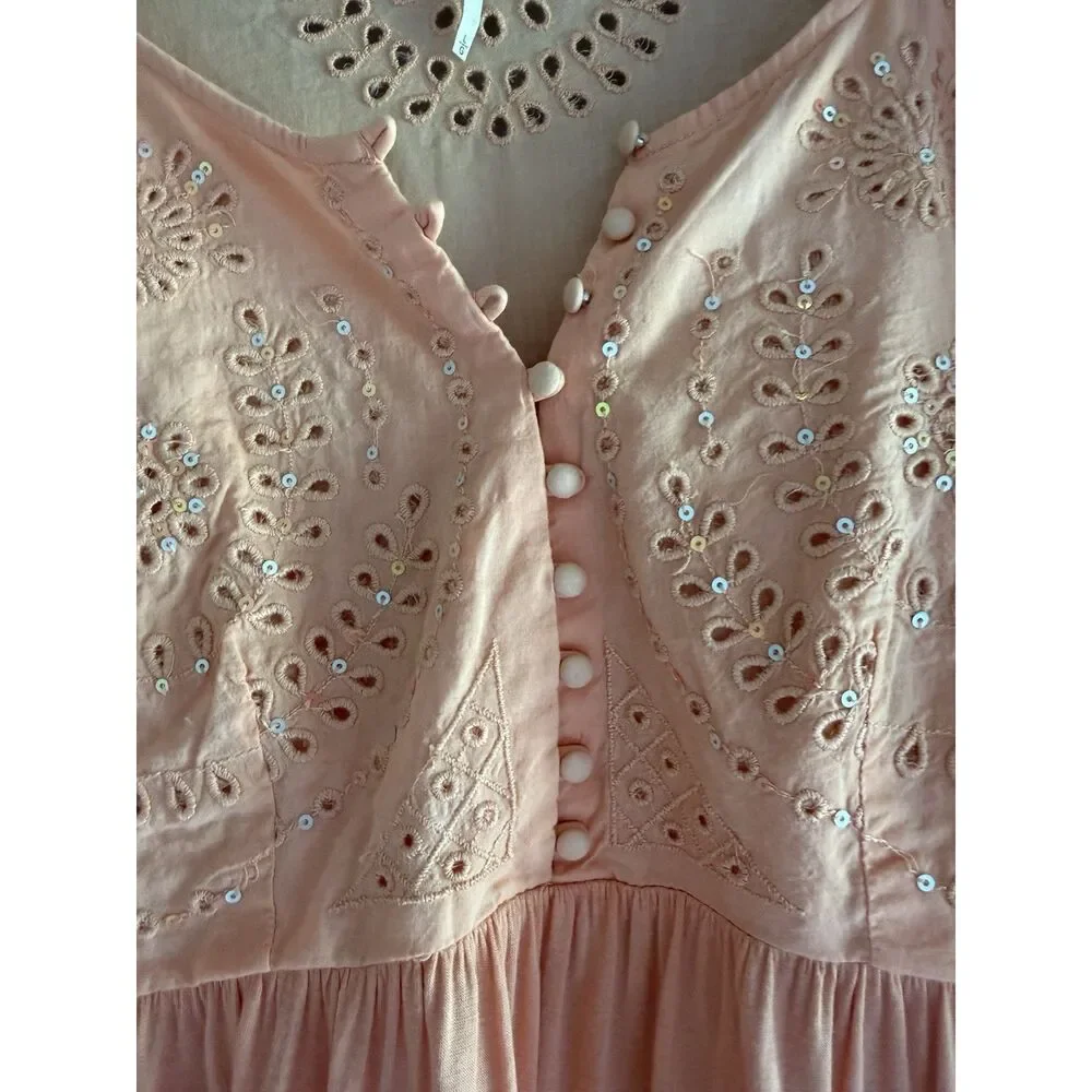 Free People Sea Of Love Tunic Top Peach Eyelet Bell Sleeve Blouse Boho Sequin Lg
